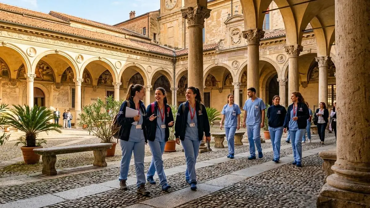 Estudantes circulam pelo pátio da Università di Bologna, uma das 14 instituições italianas que participarão de feira educacional em São Paulo.