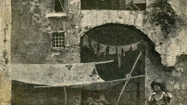Gravura de 1884 de Francesco Canedi mostrando um bairro pobre de Nápoles durante a epidemia de cólera