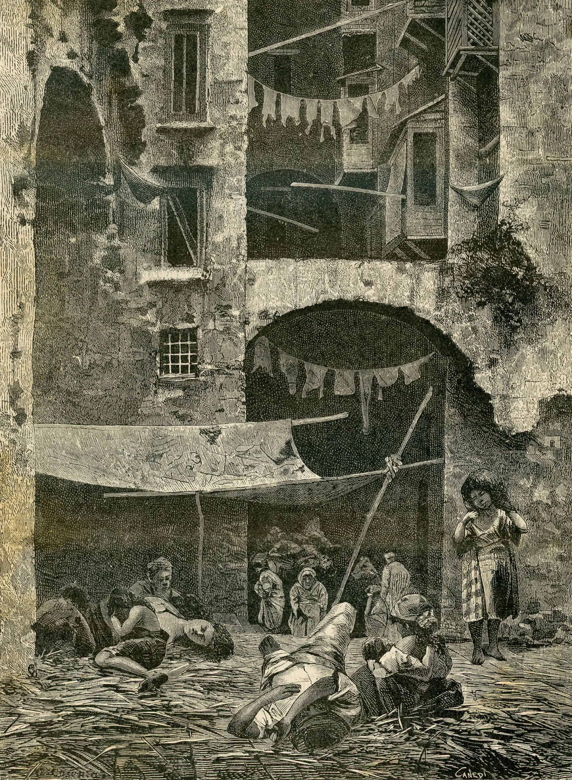 Gravura de 1884 de Francesco Canedi mostrando um bairro pobre de Nápoles durante a epidemia de cólera