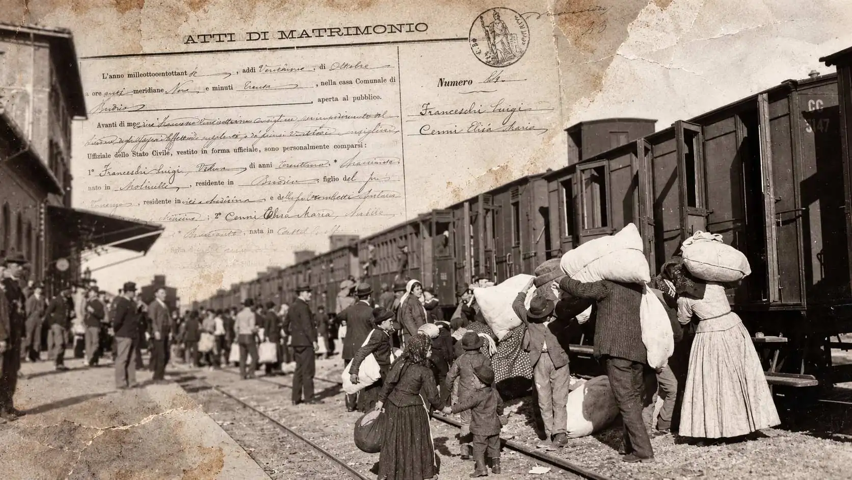 Imagem conceitual da série Cartas da América, composta a partir do registro de casamento de Luigi Franceschi e Elisa Maria Cenni, celebrado em Budrio em 1880, e de uma fotografia histórica de emigrantes junto a um trem. A montagem simboliza a família que deixou a Itália rumo ao Brasil no fim do século 19.