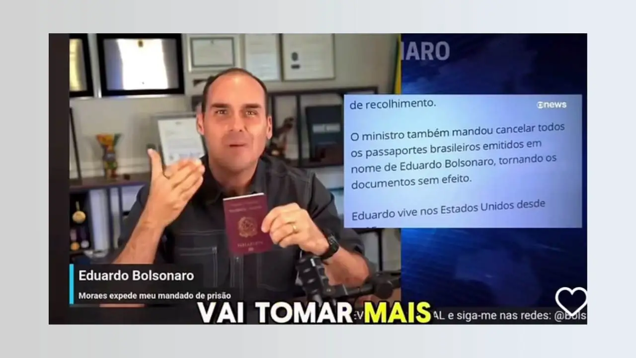 Eduardo Bolsonaro exibe passaporte italiano durante vídeo em que reage à decisão de Alexandre de Moraes sobre o cancelamento de seus documentos de viagem | Foto: Reprodução/Instagram