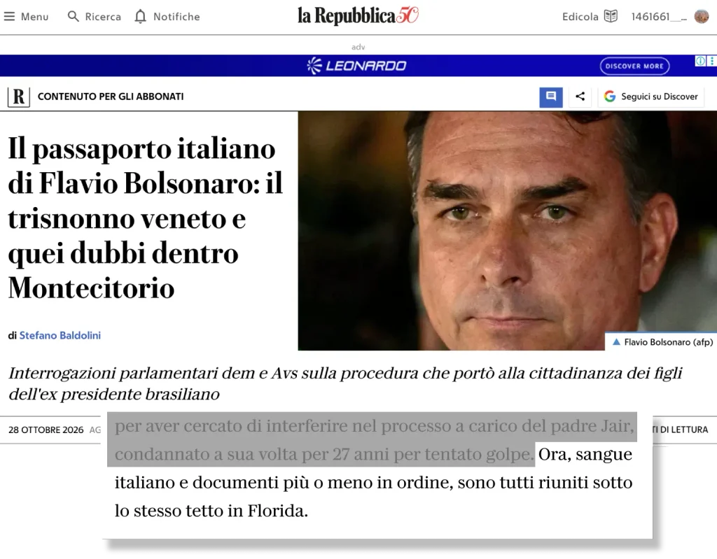 Riproduzione dell’articolo del quotidiano italiano la Repubblica, che solleva dubbi sulla documentazione della cittadinanza italiana di Flávio Bolsonaro, riconosciuta nel 2023 | Foto: Riproduzione/la Repubblica