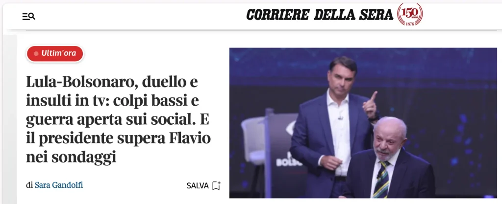 Lula e Flávio Bolsonaro durante il dibattito presidenziale che ha avuto risalto sul giornale italiano Corriere della Sera per lo scambio di insulti e attacchi personali | Foto: Riproduzione/Corriere della Sera