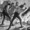 Moradores queimam objetos e materiais domésticos em uma rua, em ilustração histórica que retrata medidas de desinfecção durante uma epidemia