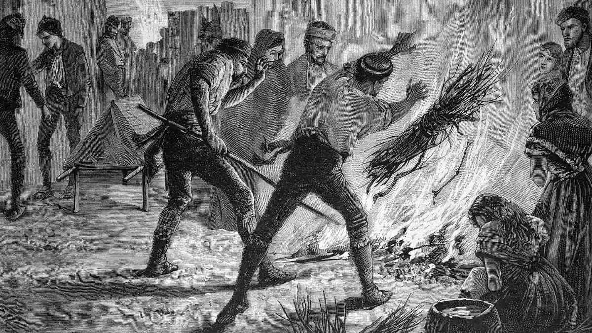 Moradores queimam objetos e materiais domésticos em uma rua, em ilustração histórica que retrata medidas de desinfecção durante uma epidemia