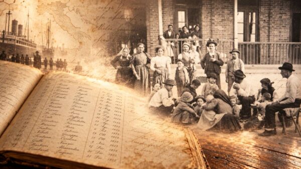 Montagem ilustrativa reúne imigrantes italianos, registros antigos de nascimento e documentos históricos, elementos que ajudam a reconstruir a origem e as transformações dos sobrenomes no Brasil. | Imagem: Montagem/Italianismo, com auxílio de IA
