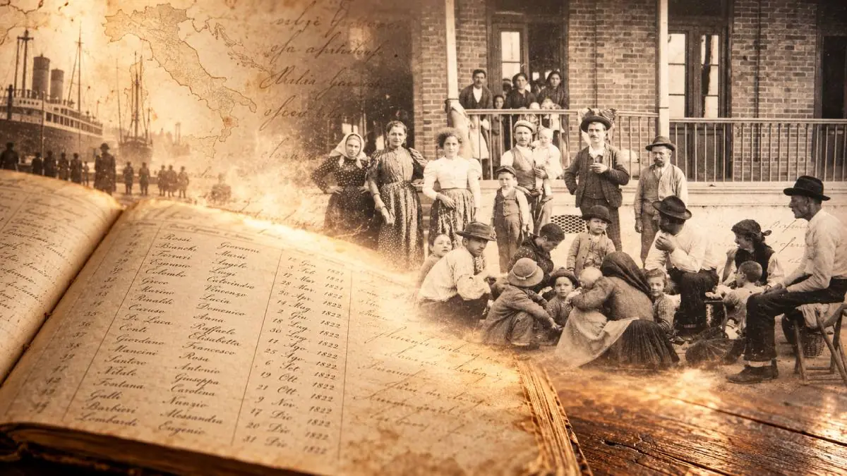 Montagem ilustrativa reúne imigrantes italianos, registros antigos de nascimento e documentos históricos, elementos que ajudam a reconstruir a origem e as transformações dos sobrenomes no Brasil. | Imagem: Montagem/Italianismo, com auxílio de IA